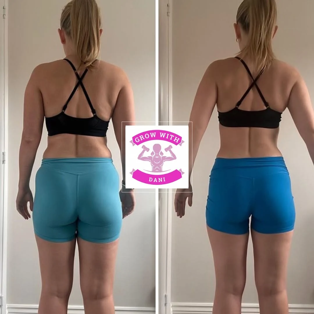 Client before and after back-view progress comparison in blue shorts