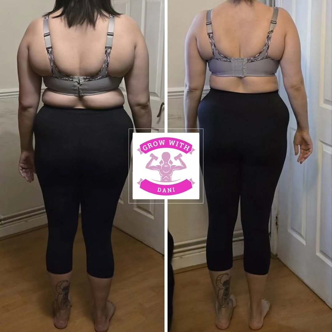 Client before and after back-view progress comparison in black leggings