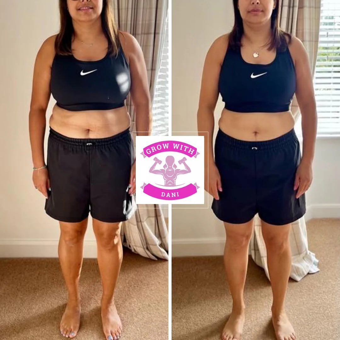 Client before and after front-view progress comparison in black sportswear