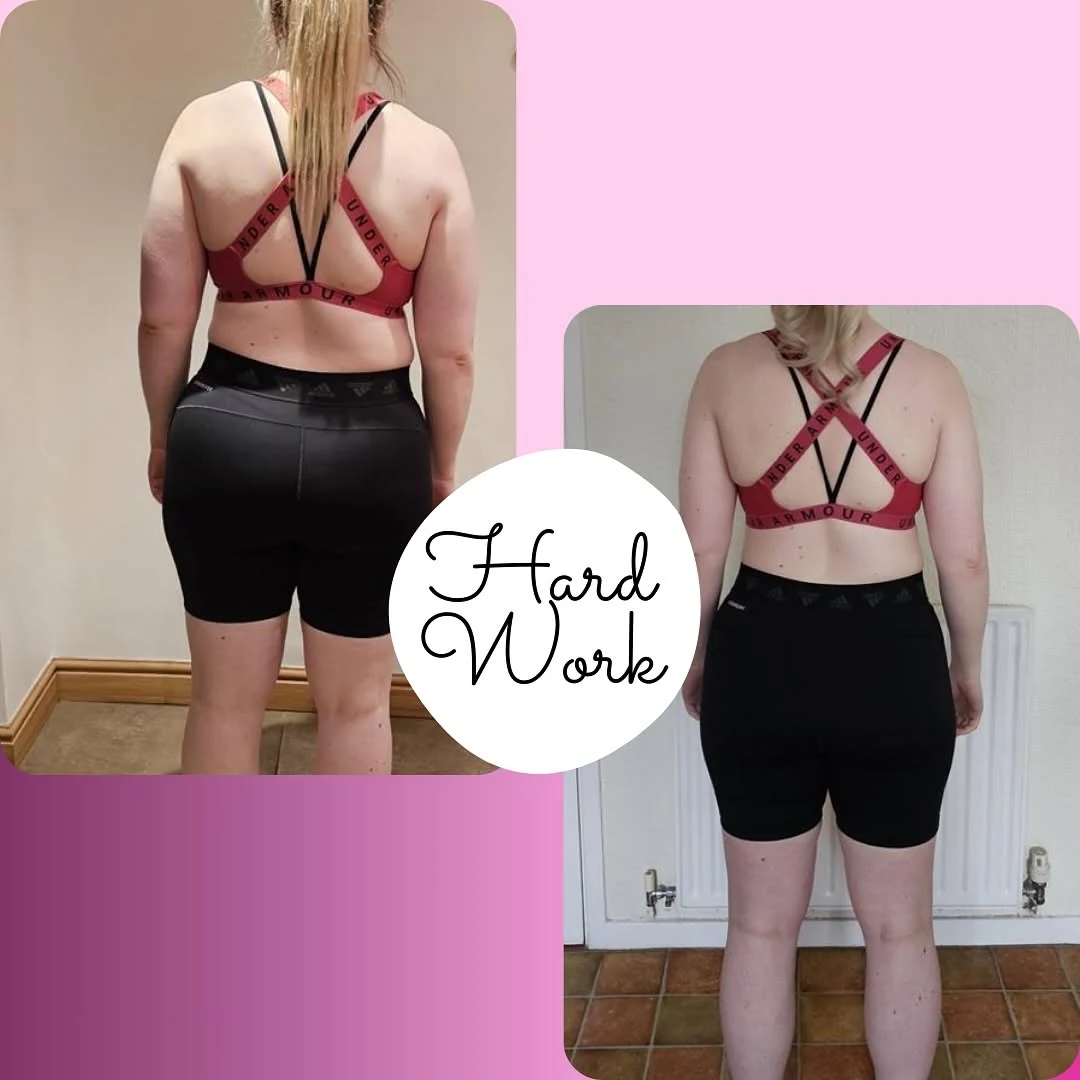 Client before and after back-view progress comparison labelled hard work