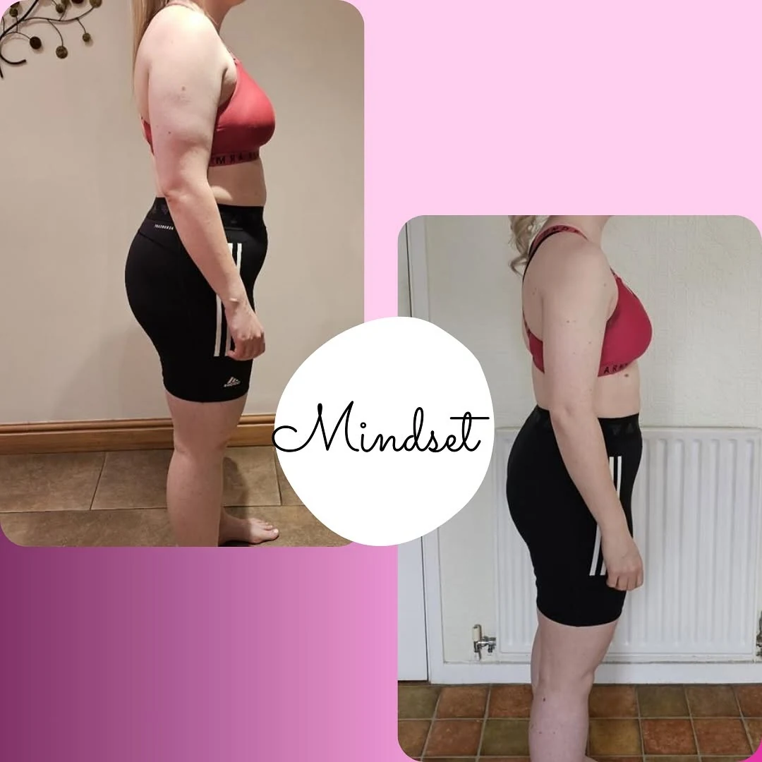 Client before and after side-view progress comparison labelled mindset