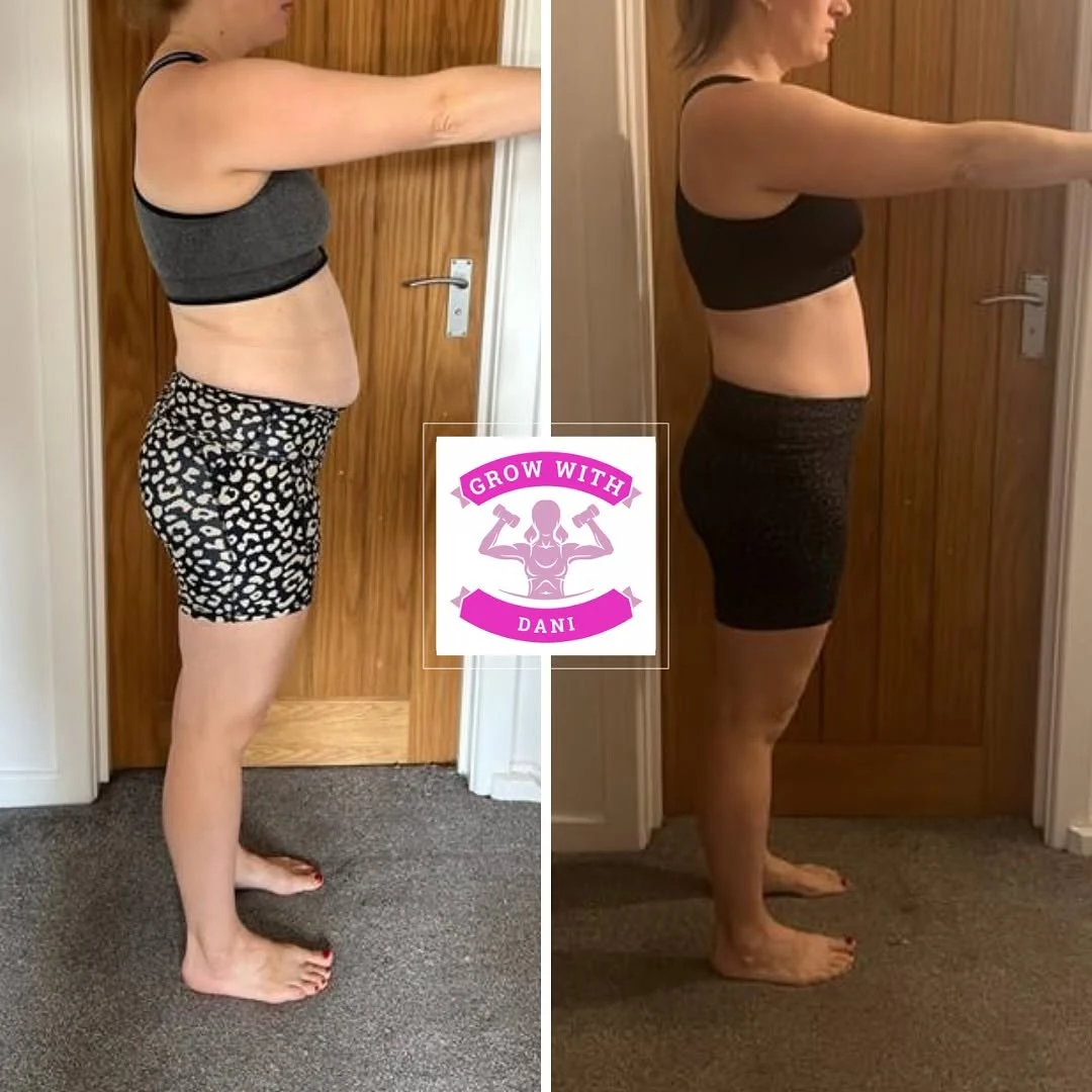 Client before and after side-view progress comparison